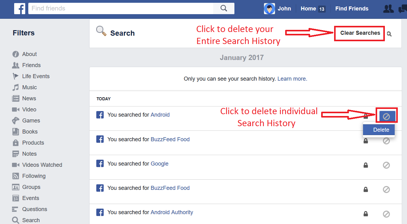 How to Delete your Facebook Search History-Step 4